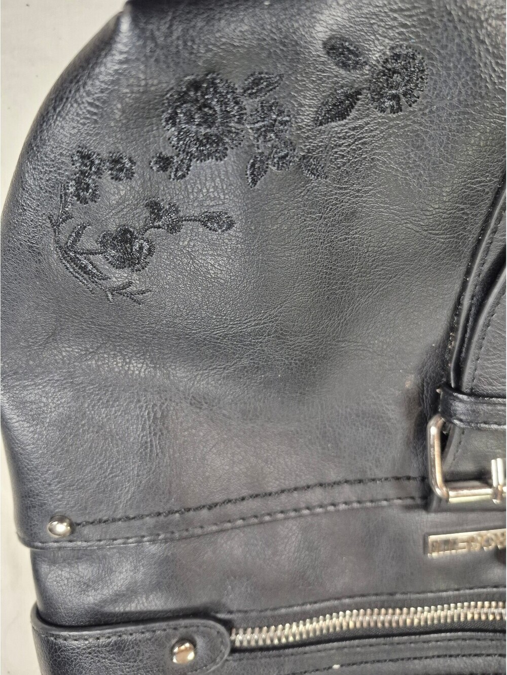 Rosetti Black Faux Leather Crossbody Purse with Embroidered Floral Detail